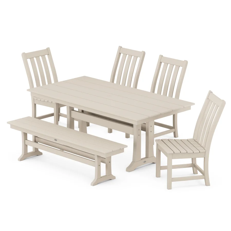 POLYWOOD Vineyard 6-Piece Farmhouse Trestle Side Chair Dining Set with Bench in Sand