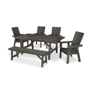 POLYWOOD Modern Curveback Adirondack 6-Piece Rustic Farmhouse Dining Set with Bench in Vintage Finish