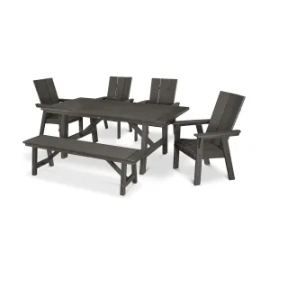 POLYWOOD Modern Curveback Adirondack 6-Piece Rustic Farmhouse Dining Set with Bench in Vintage Finish