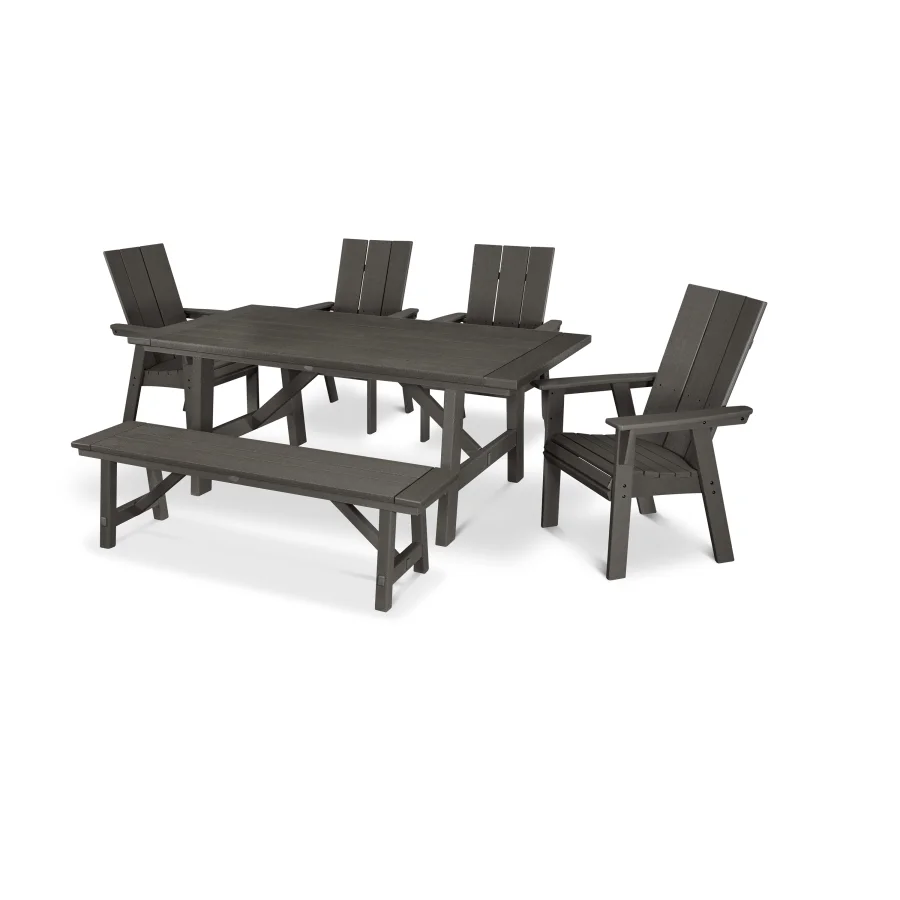 POLYWOOD Modern Curveback Adirondack 6-Piece Rustic Farmhouse Dining Set with Bench in Vintage Finish