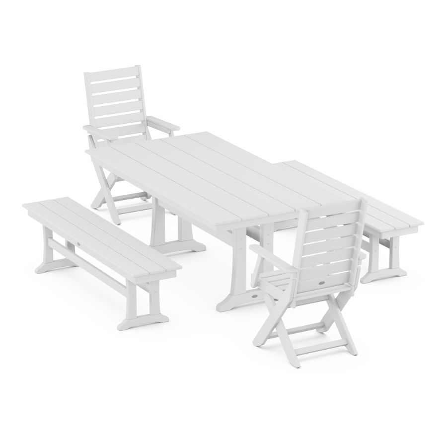 POLYWOOD Captain Folding Chair 5-Piece Farmhouse Dining Set With Trestle Legs in White