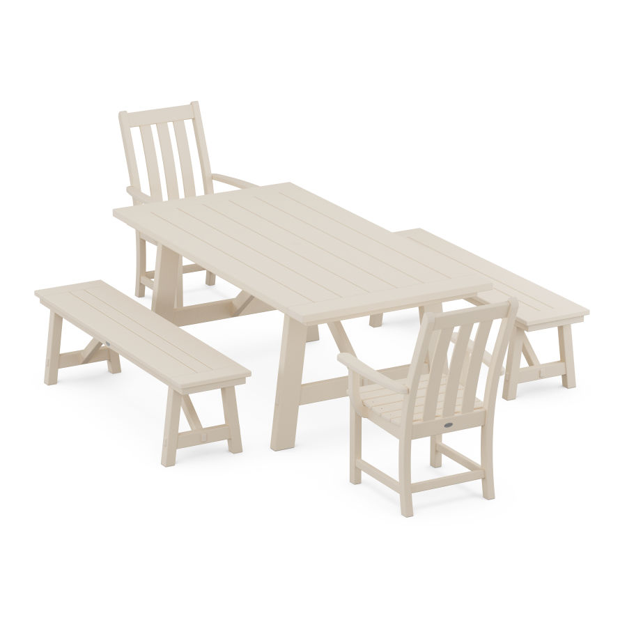 POLYWOOD Vineyard 5-Piece Rustic Farmhouse Dining Set With Trestle Legs in Sand