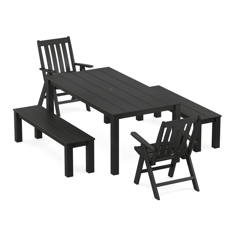 POLYWOOD Vineyard Folding Chair 5-Piece Parsons Dining Set with Benches in Black