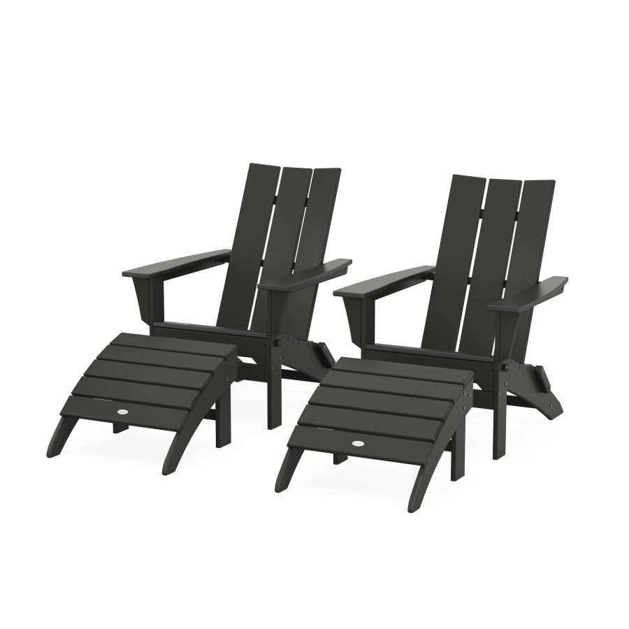 POLYWOOD Modern Folding Adirondack Chair 4-Piece Set with Ottomans in Black