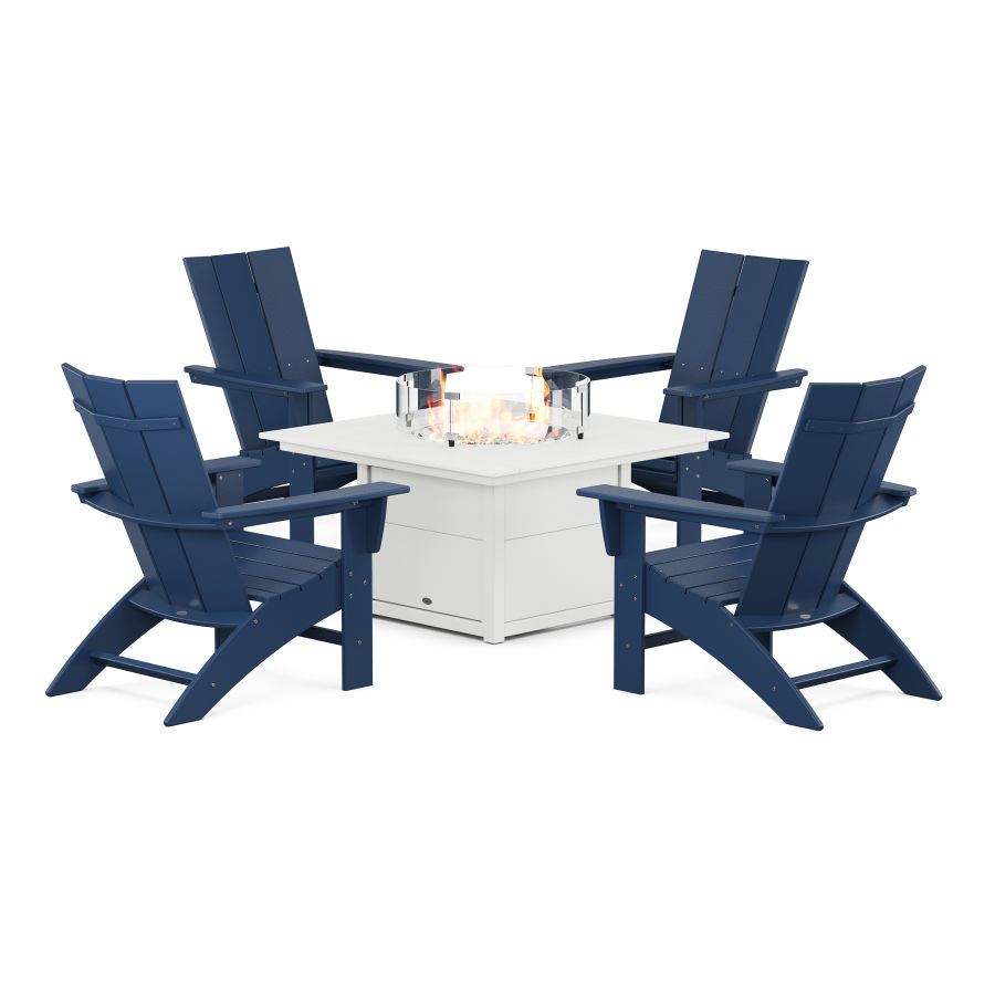 POLYWOOD Modern Curveback Adirondack 5-Piece Conversation Set with Fire Pit Table in Navy / White