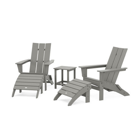 Modern Folding Adirondack Chair 5-Piece Set with Ottomans and 18" Side Table in Slate Grey