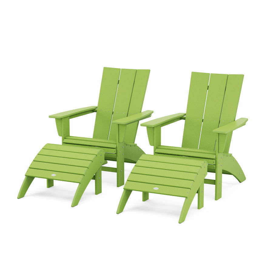 POLYWOOD Modern Curveback Adirondack Chair 4-Piece Set with Ottomans in Lime