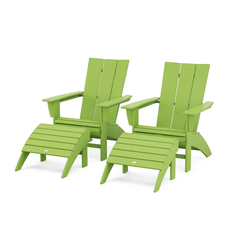 POLYWOOD Modern Curveback Adirondack Chair 4-Piece Set with Ottomans in Lime