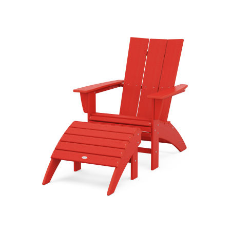 Modern Curveback Adirondack Chair 2-Piece Set with Ottoman in Sunset Red