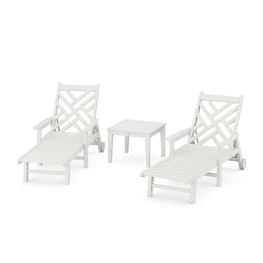 POLYWOOD Chippendale 3-Piece Chaise Set with Arms and Wheels in White