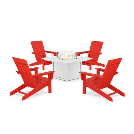 POLYWOOD 5-Piece Modern Studio Adirondack Conversation Set with Fire Pit Table in Sunset Red
