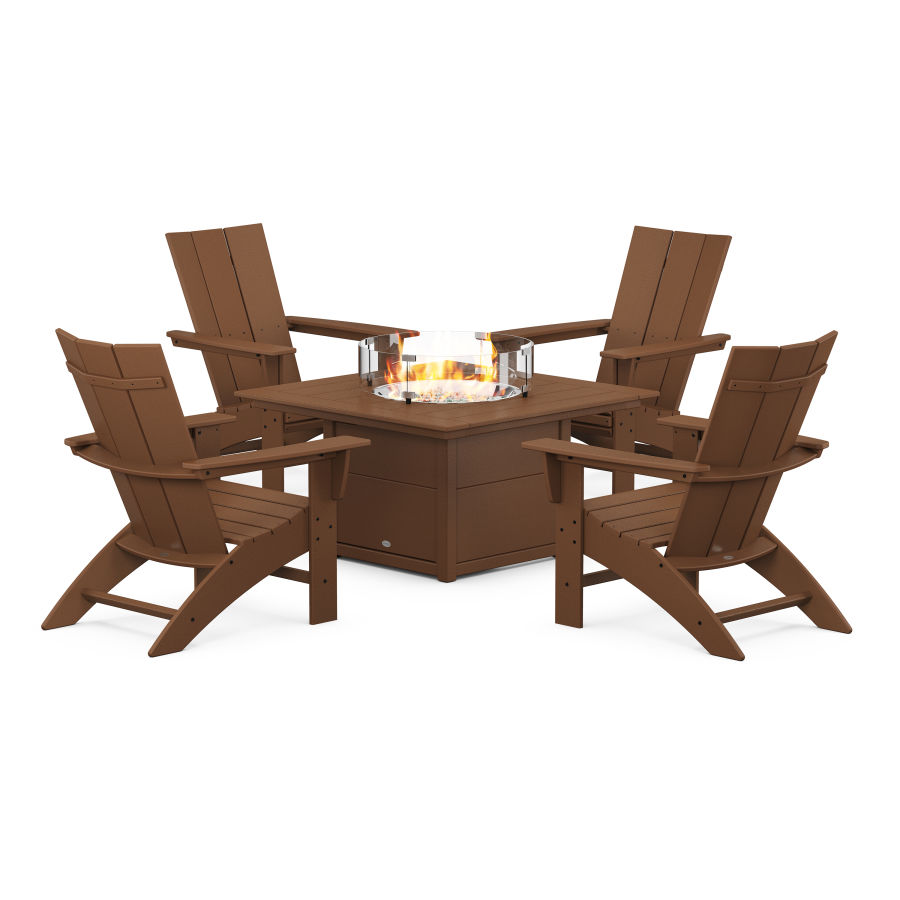 POLYWOOD Modern Curveback Adirondack 5-Piece Conversation Set with Fire Pit Table in Teak