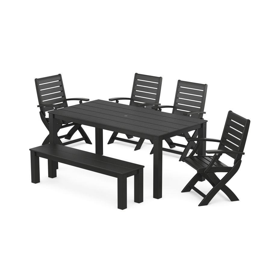 POLYWOOD Signature Folding Chair 6-Piece Parsons Dining Set with Bench in Black