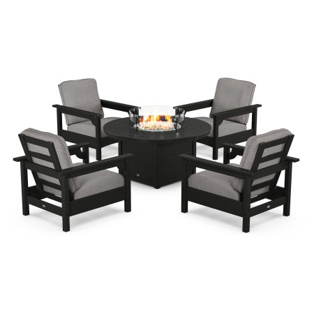 POLYWOOD Club 5-Piece Conversation Set with Fire Pit Table in Black / Grey Mist