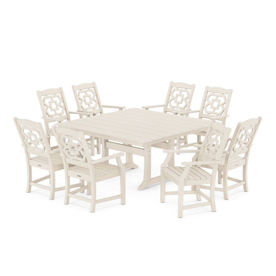 POLYWOOD Chinoiserie 9-Piece Square Farmhouse Dining Set with Trestle Legs in Sand