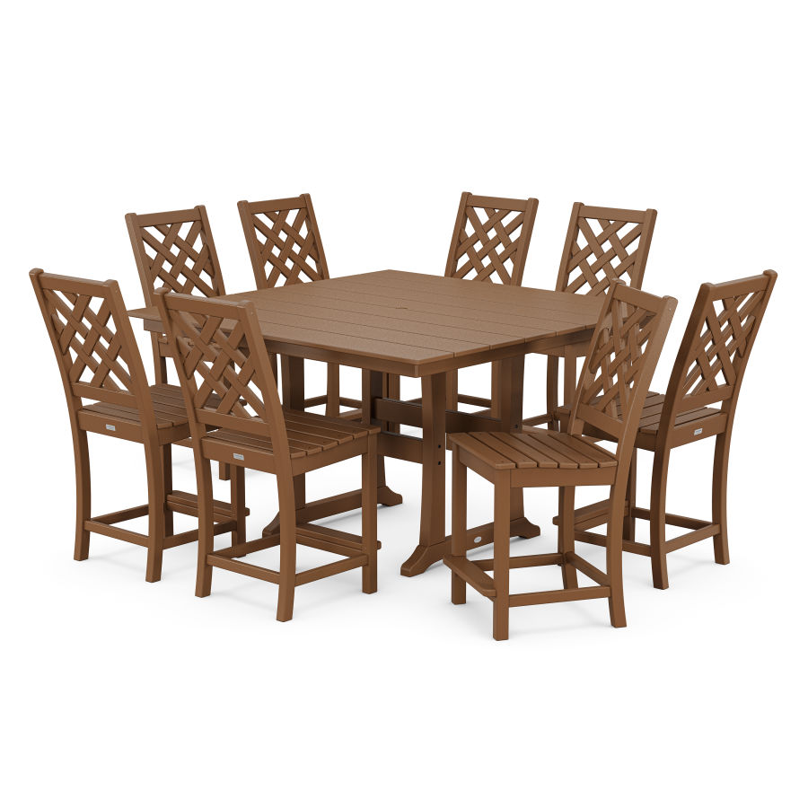 POLYWOOD Wovendale Side Chair 9-Piece Square Farmhouse Counter Set with Trestle Legs in Teak