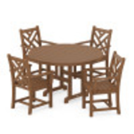 POLYWOOD Chippendale 5-Piece Round Farmhouse Arm Chair Dining Set in Teak