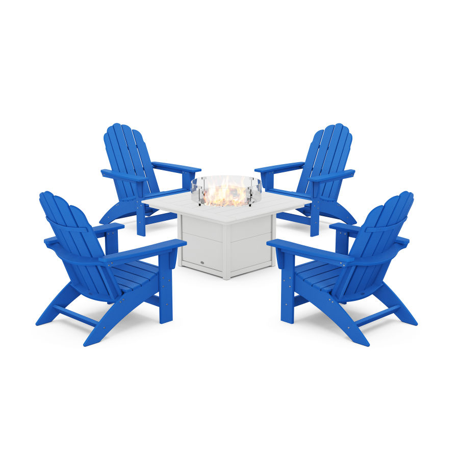 POLYWOOD 5-Piece Vineyard Grand Adirondack Conversation Set with Fire Pit Table in Pacific Blue / White