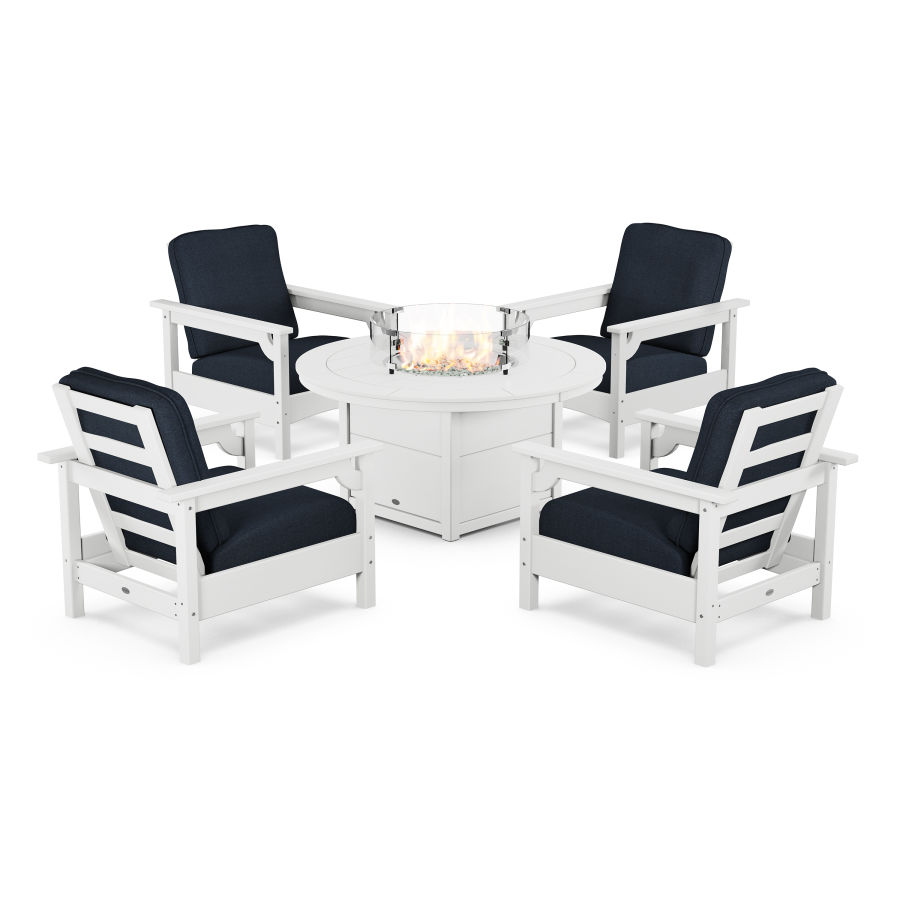 POLYWOOD Club 5-Piece Conversation Set with Fire Pit Table in White / Marine Indigo
