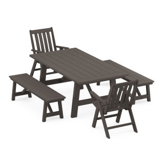 Vineyard Folding Chair 5-Piece Rustic Farmhouse Dining Set With Benches in Vintage Finish