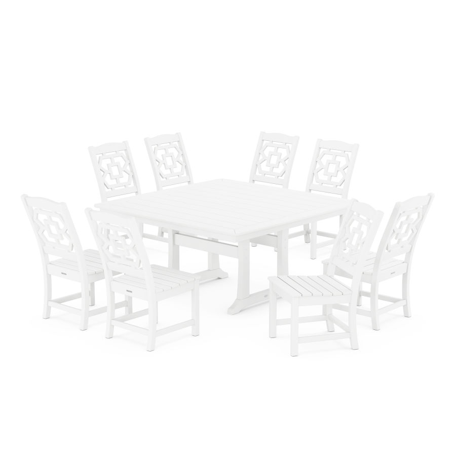 POLYWOOD Chinoiserie 9-Piece Square Side Chair Dining Set with Trestle Legs in White