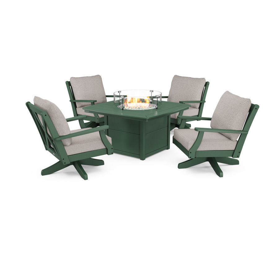 POLYWOOD Braxton 5-Piece Deep Seating Swivel Conversation Set with Fire Pit Table in Green / Weathered Tweed