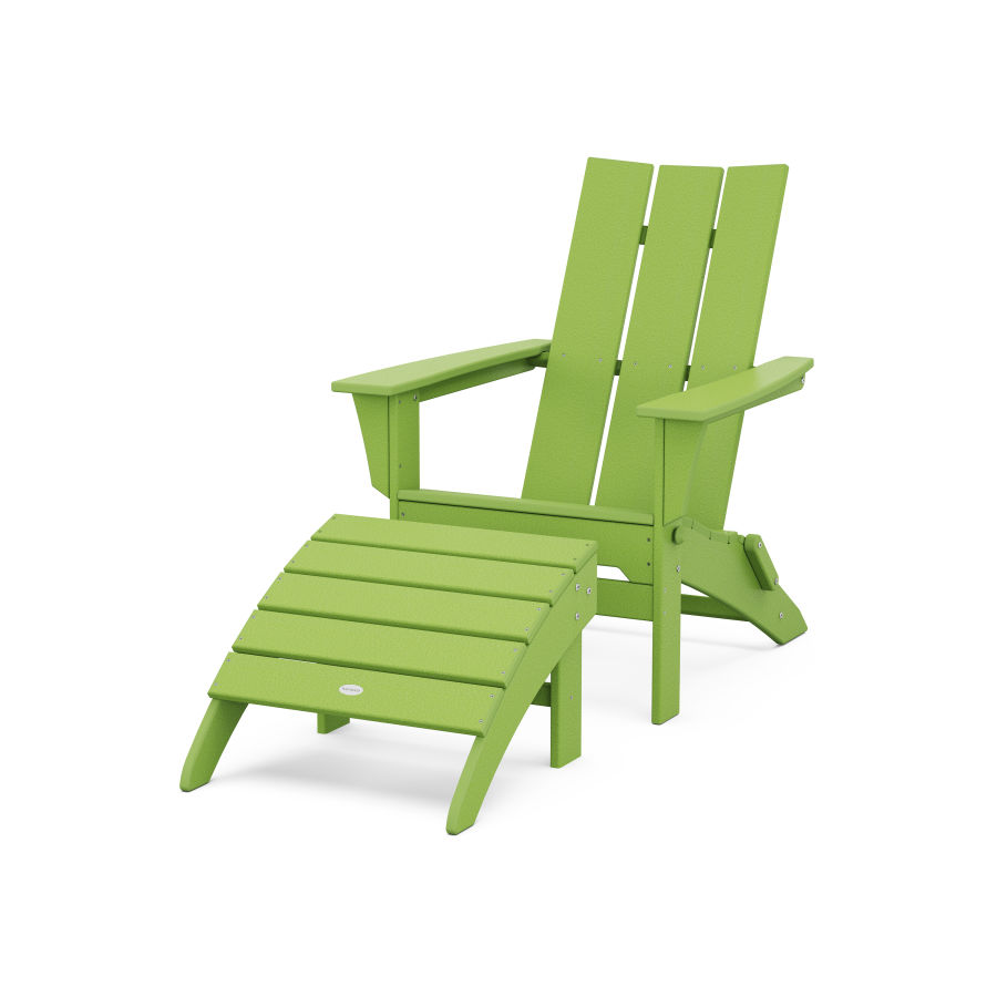 POLYWOOD Modern Folding Adirondack Chair 2-Piece Set with Ottoman in Lime