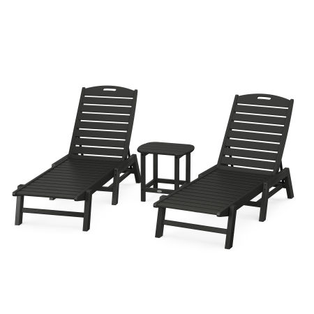 Nautical 3-Piece Chaise Lounge Set with South Beach 18" Side Table in Black