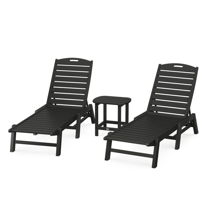 POLYWOOD Nautical 3-Piece Chaise Lounge Set with South Beach 18" Side Table in Black