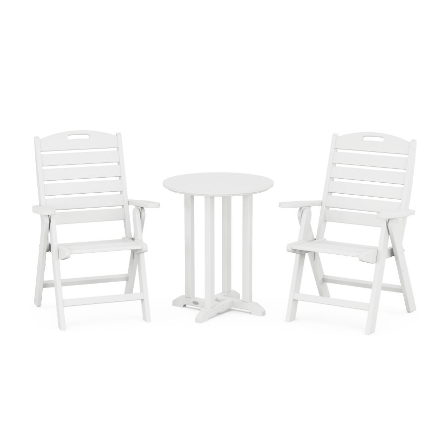 POLYWOOD Nautical Folding Highback Chair 3-Piece Round Dining Set in White