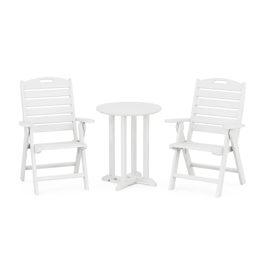 POLYWOOD Nautical Folding Highback Chair 3-Piece Round Bistro Dining Set in White