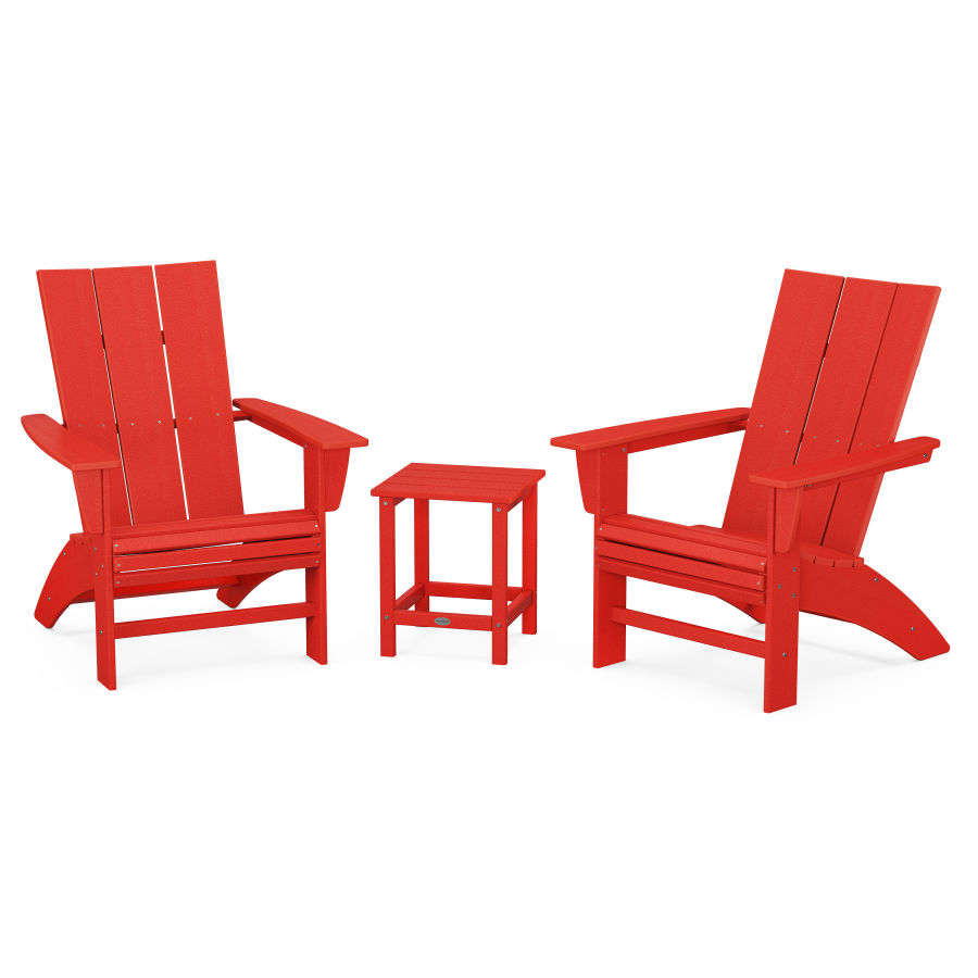 POLYWOOD Modern 3-Piece Curveback Adirondack Set with Long Island 18" Side Table in Sunset Red