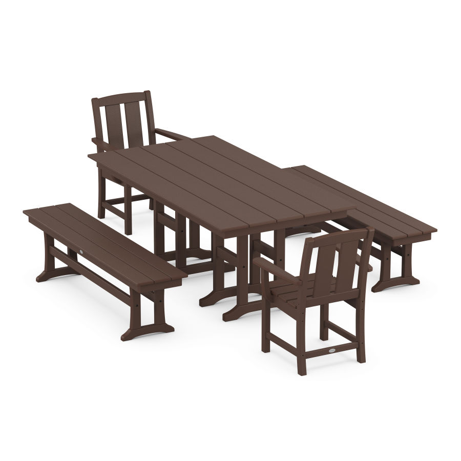 POLYWOOD Mission 5-Piece Farmhouse Dining Set with Benches in Mahogany