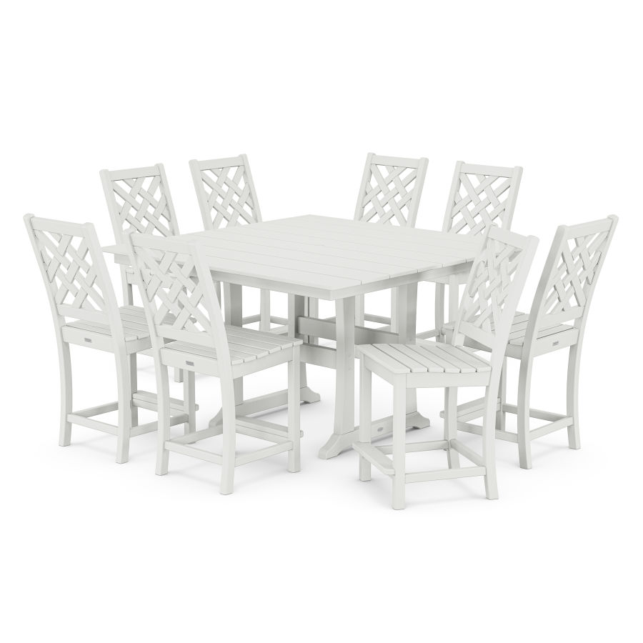 POLYWOOD Wovendale Side Chair 9-Piece Square Farmhouse Counter Set with Trestle Legs in White