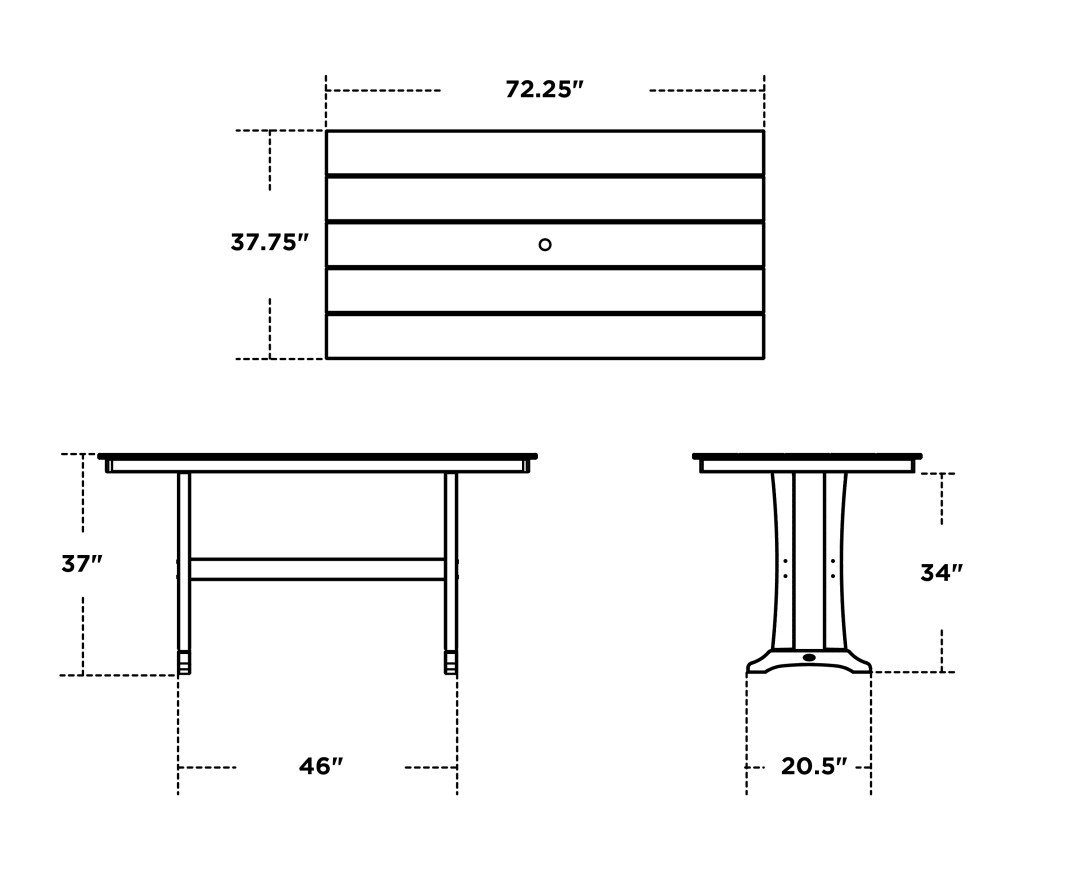 Dimensions for Farmhouse Trestle 37" x 72" Counter Table