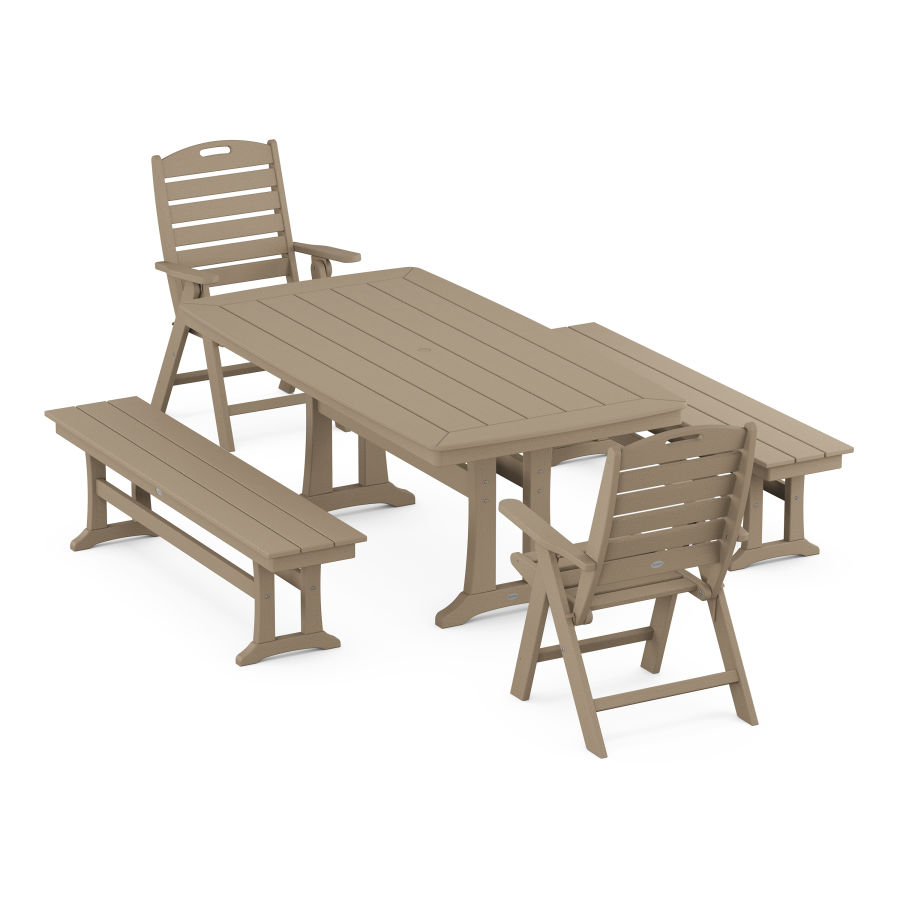 POLYWOOD Nautical Folding Highback Chair 5-Piece Dining Set with Trestle Legs and Benches in Vintage Sahara