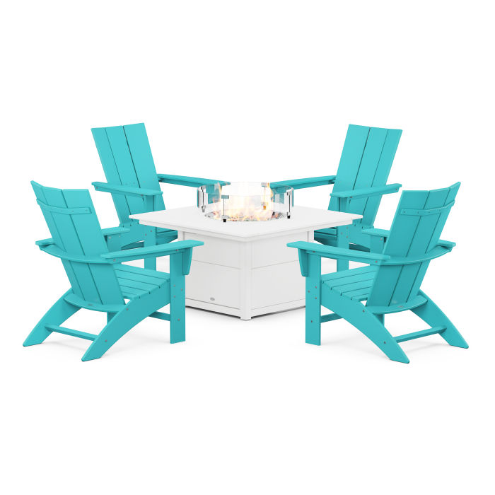 POLYWOOD Modern Curveback Adirondack 5-Piece Conversation Set with Fire Pit Table