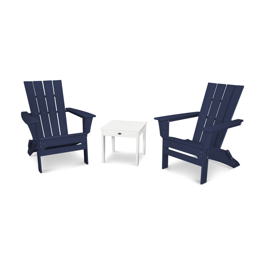 POLYWOOD Quattro Folding Chair 3-Piece Adirondack Set in Navy / White