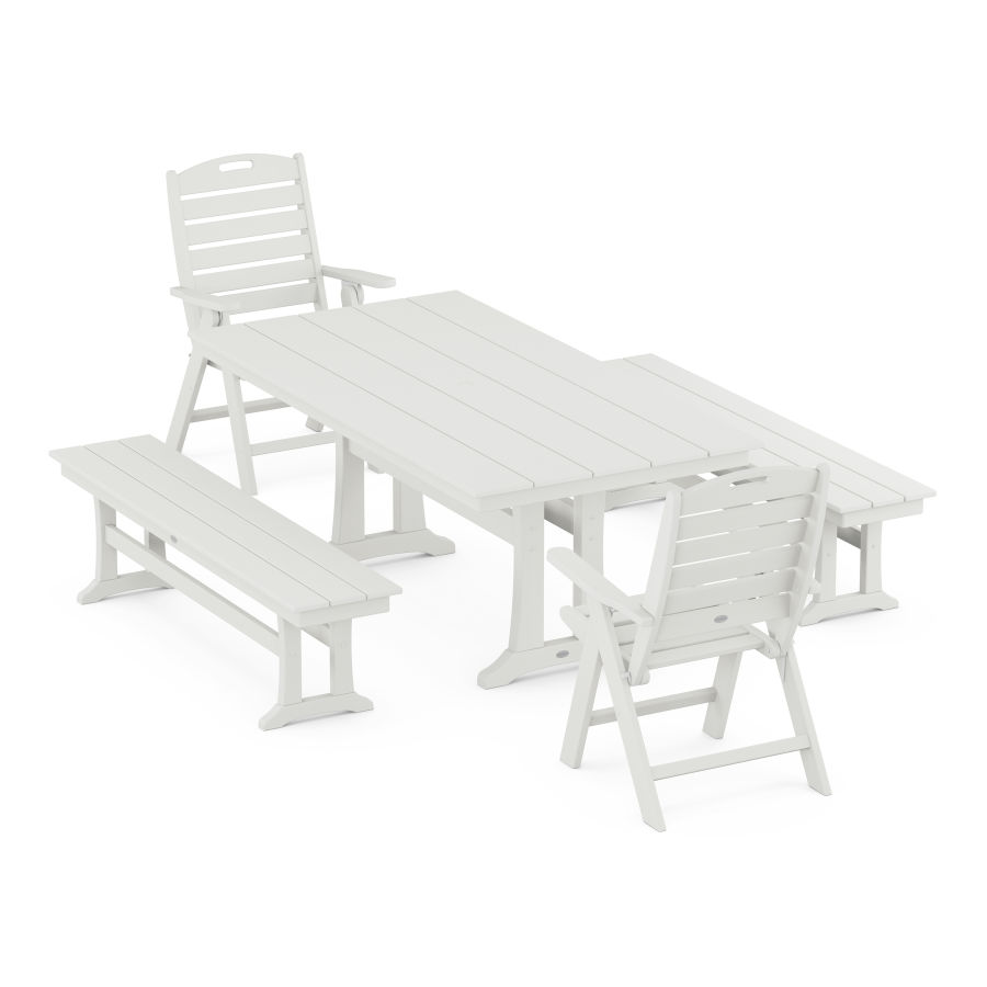 POLYWOOD Nautical Folding Highback Chair 5-Piece Farmhouse Dining Set With Trestle Legs and Benches in Vintage White
