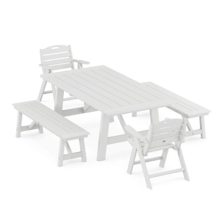POLYWOOD Nautical Folding Lowback Chair 5-Piece Rustic Farmhouse Dining Set With Benches in White