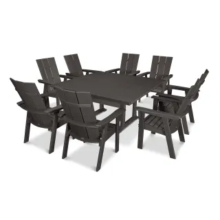 POLYWOOD Modern Curveback Adirondack 9-Piece Farmhouse Trestle Dining Set in Vintage Finish