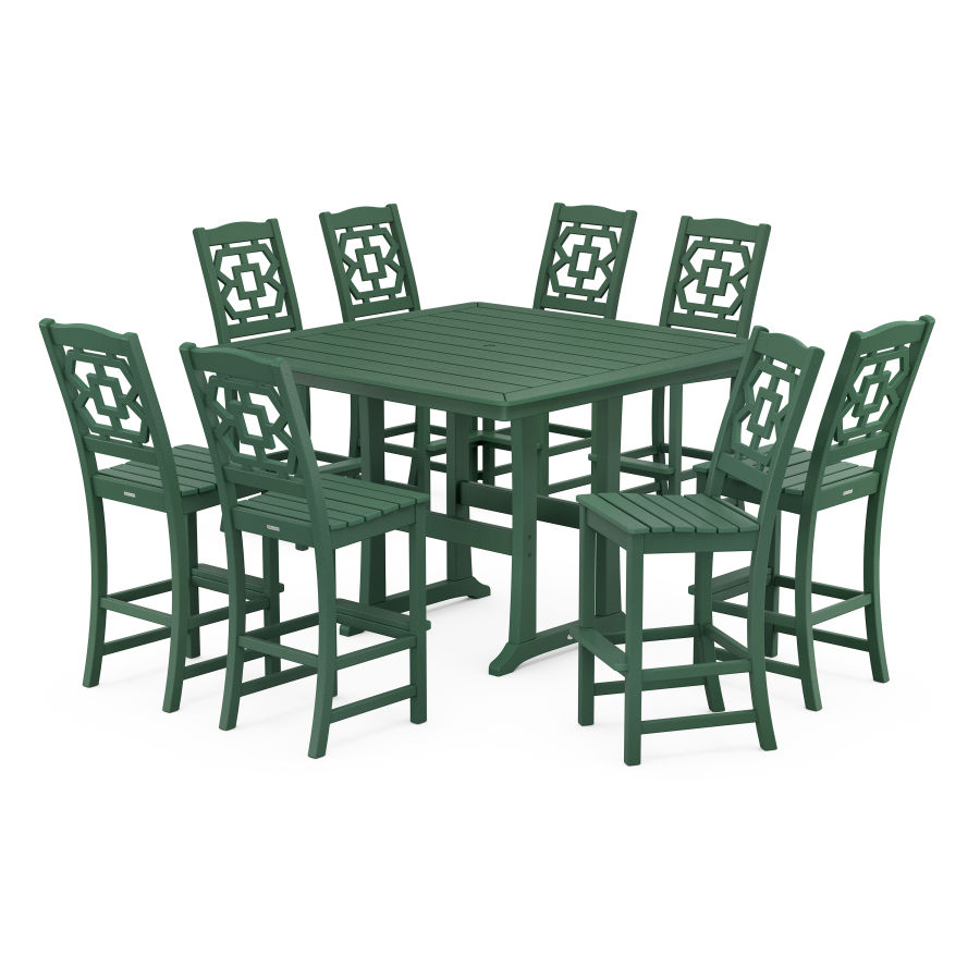 POLYWOOD Chinoiserie 9-Piece Square Side Chair Bar Set with Trestle Legs in Green