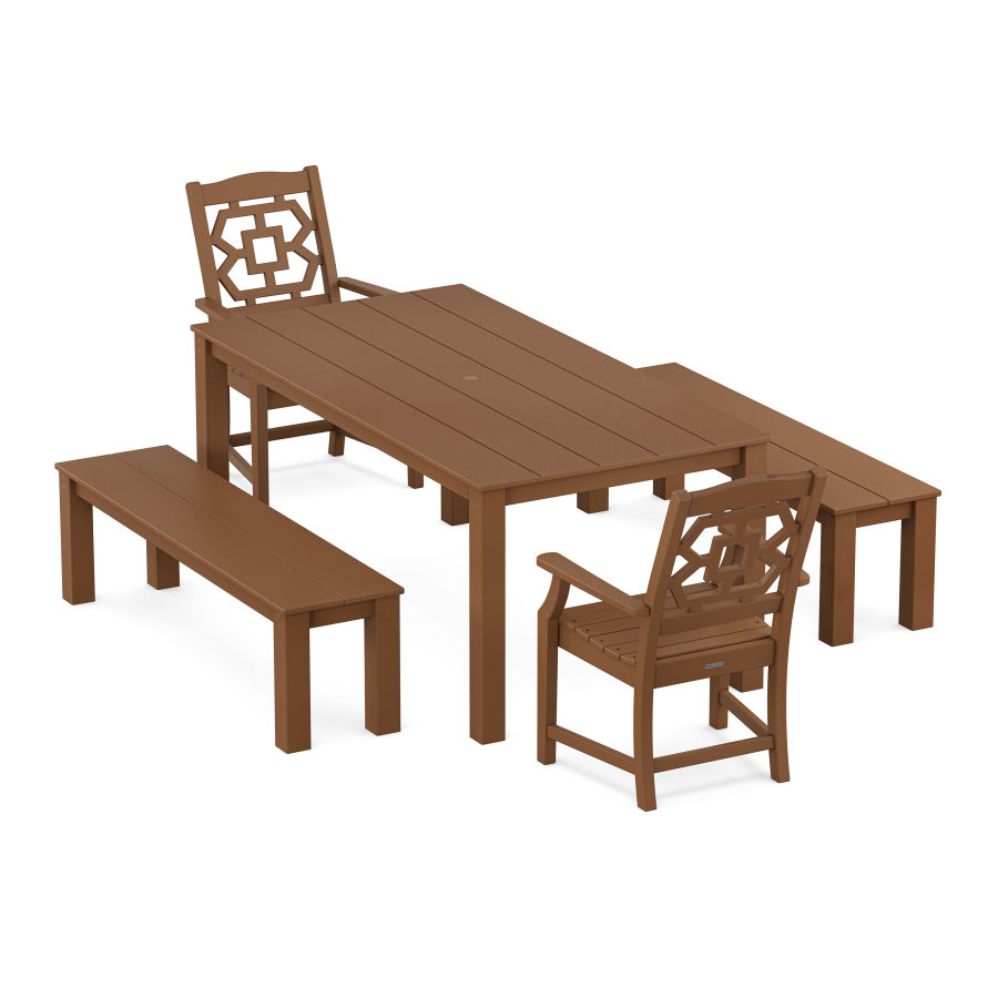 POLYWOOD Chinoiserie 5-Piece Parsons Dining Set with Benches in Teak