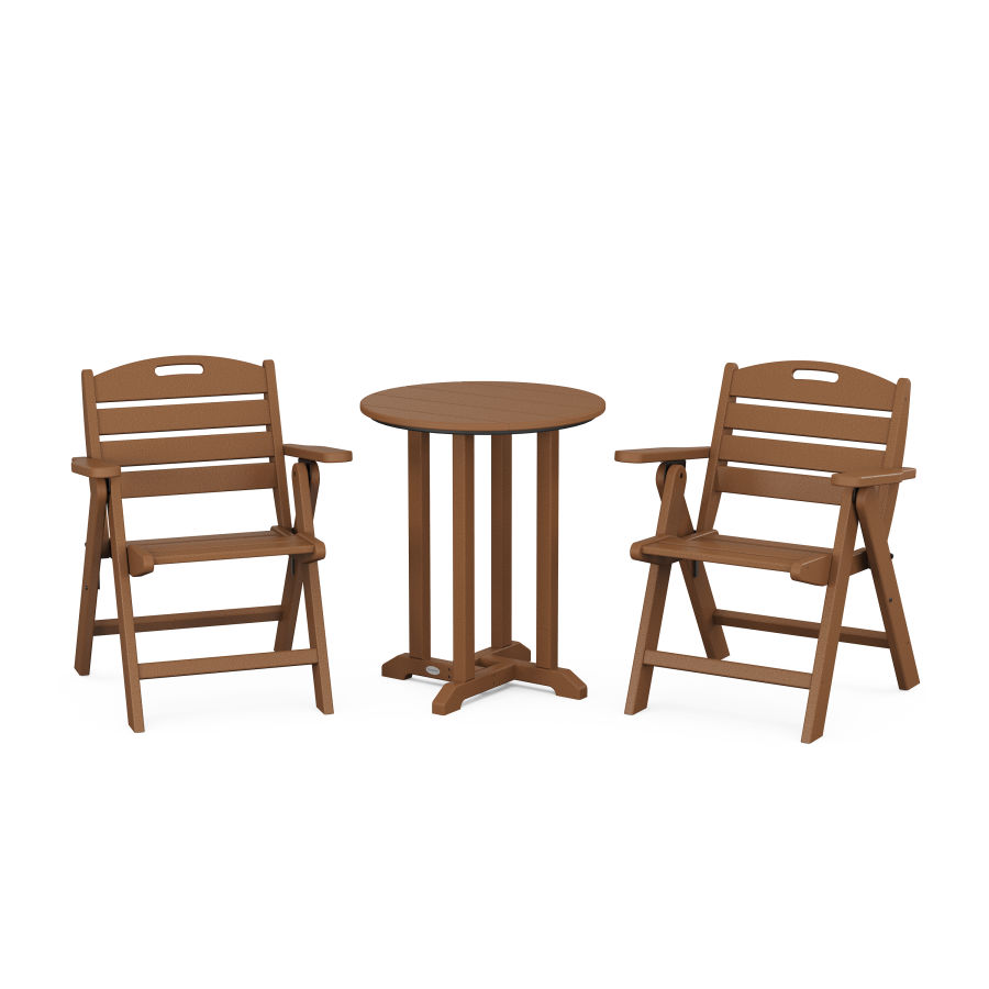 POLYWOOD Nautical Folding Lowback Chair 3-Piece Round Dining Set in Teak