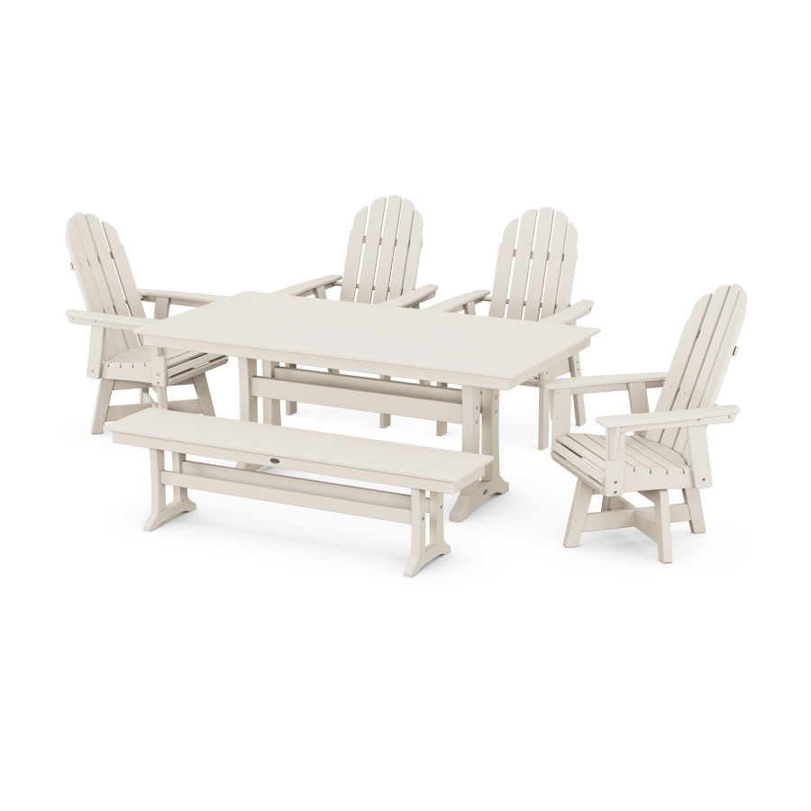 POLYWOOD Vineyard 6-Piece Farmhouse Trestle Swivel Dining Set with Bench in Sand