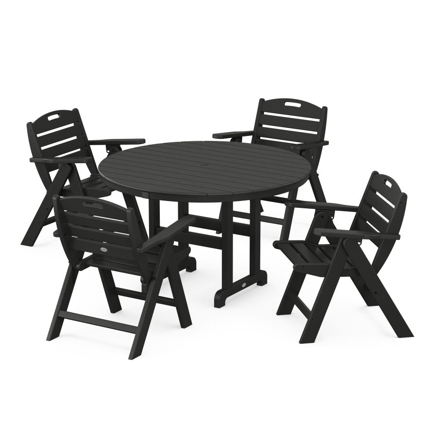 POLYWOOD Nautical Folding Lowback Chair 5-Piece Round Farmhouse Dining Set in Black
