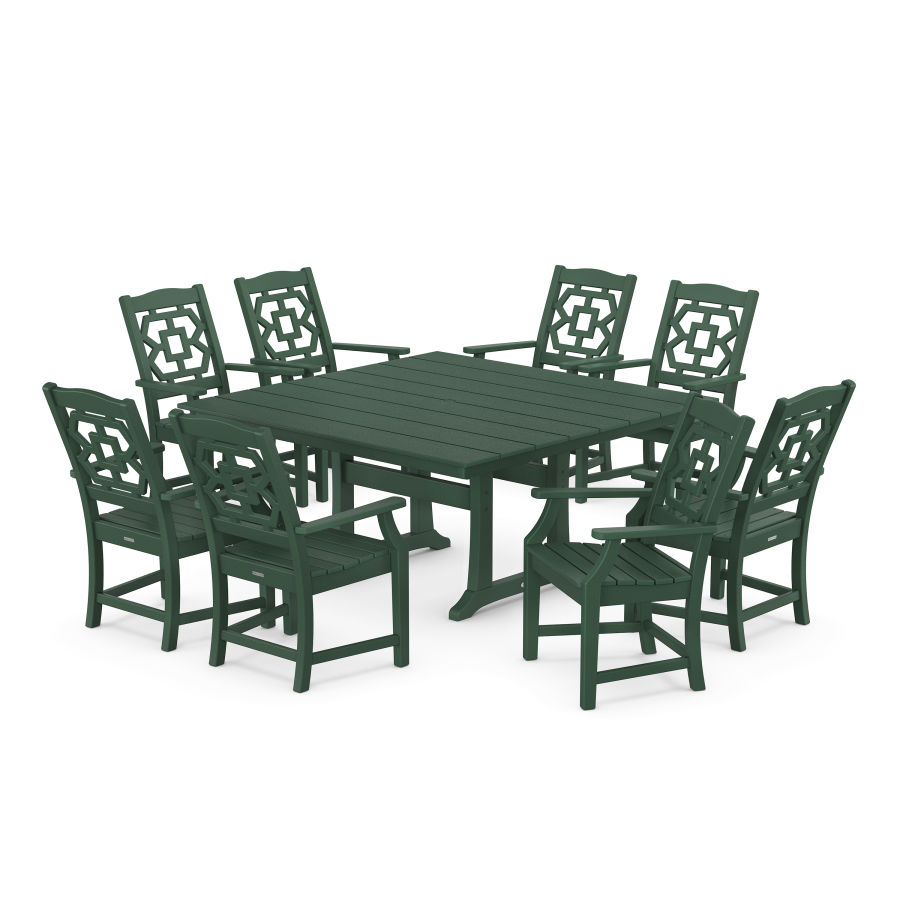 POLYWOOD Chinoiserie 9-Piece Square Farmhouse Dining Set with Trestle Legs in Green