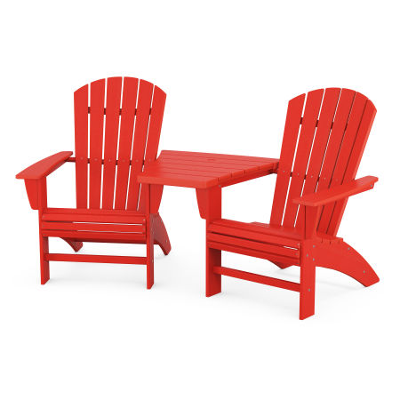 Nautical 3-Piece Curveback Adirondack Set with Angled Connecting Table in Sunset Red