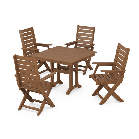 POLYWOOD Captain Folding Chair 5-Piece Farmhouse Dining Set With Trestle Legs in Teak