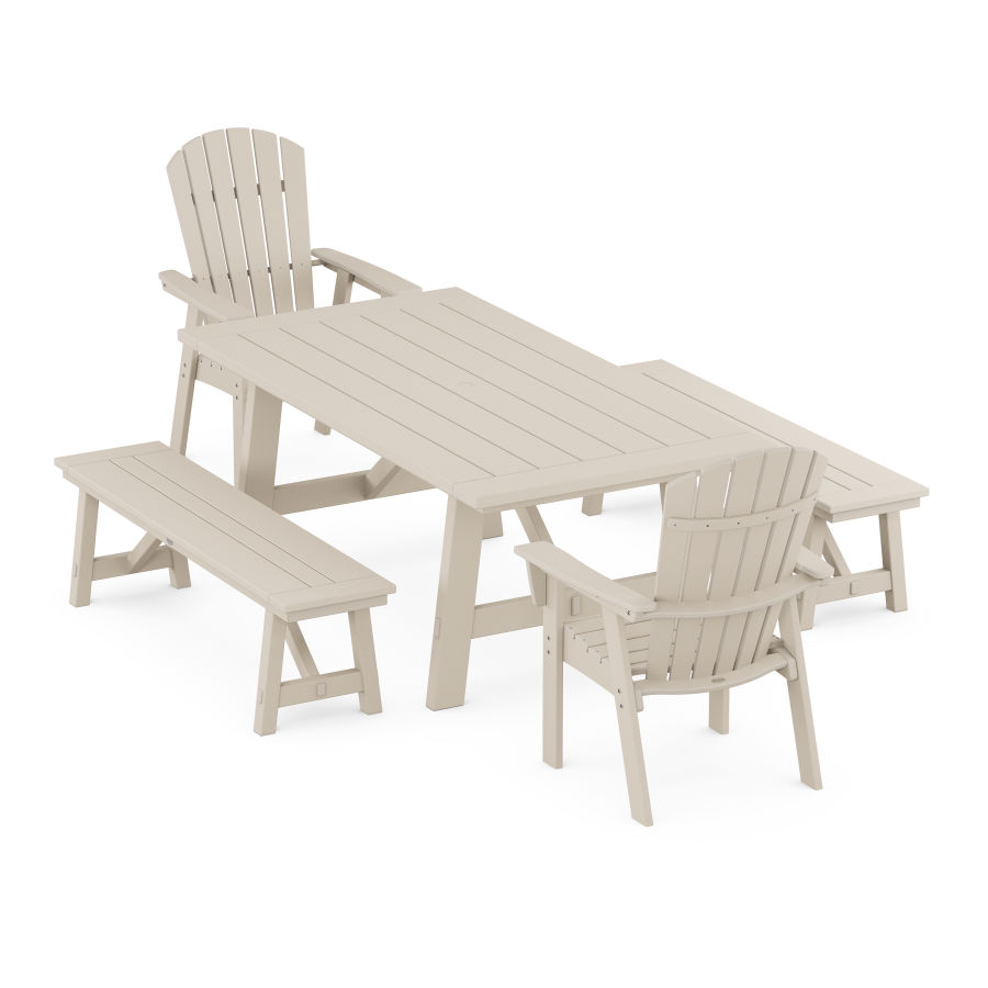 POLYWOOD Nautical Adirondack 5-Piece Rustic Farmhouse Dining Set With Trestle Legs in Sand